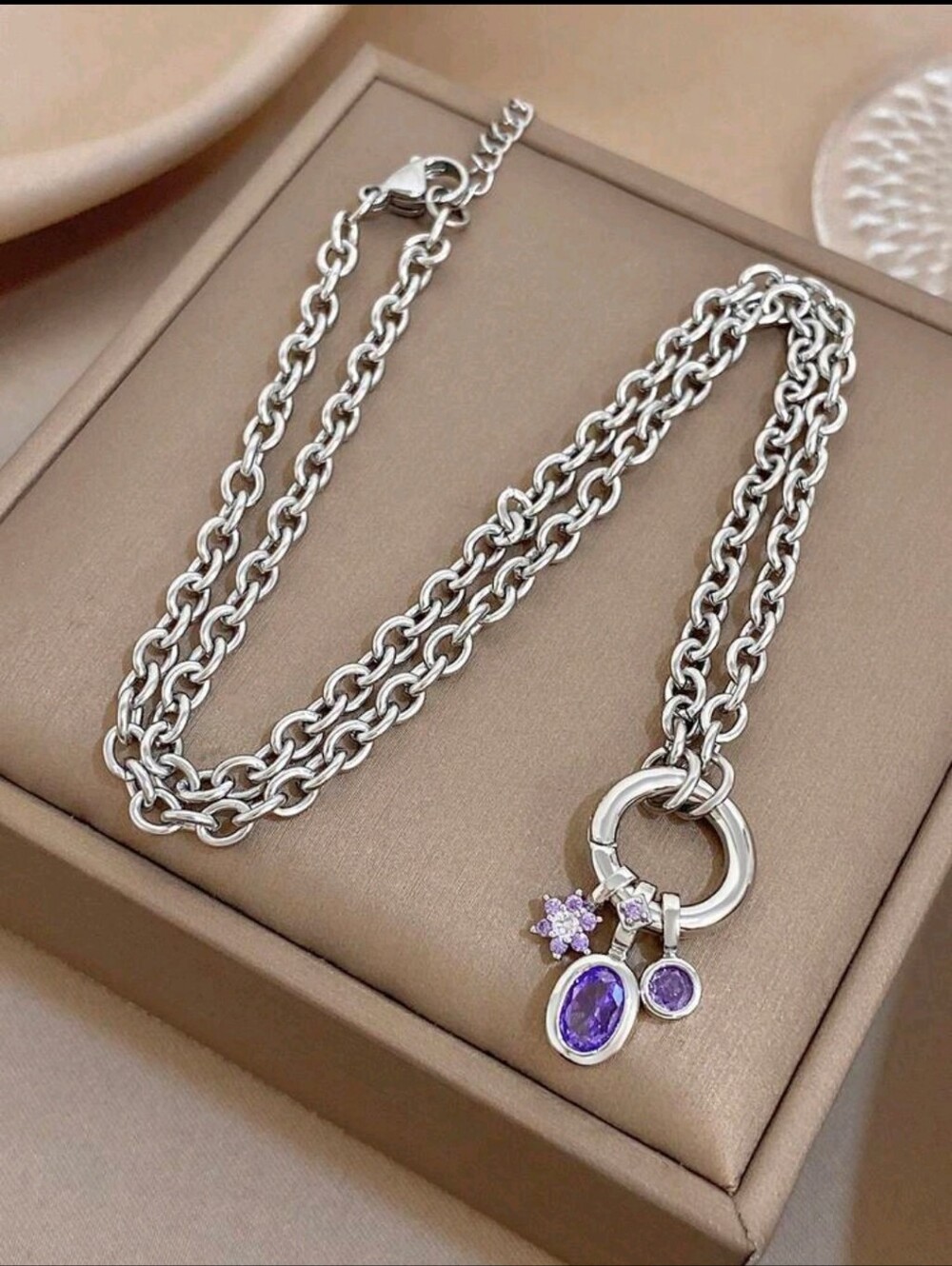 BRAND NEW ** Silver Necklace with Purple Gemstone Charm